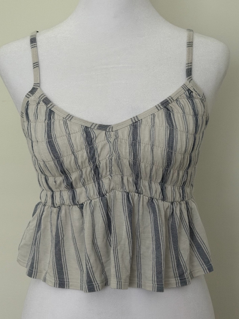 So Blue White Striped Smocked Peplum Cami Top Adjustable Strap Size XS
